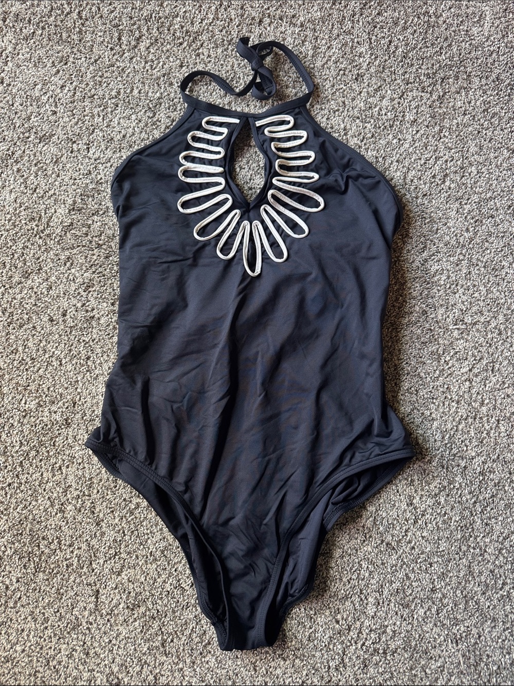 La Blanca Black Halter One-Piece Swimsuit with White Loop Trim